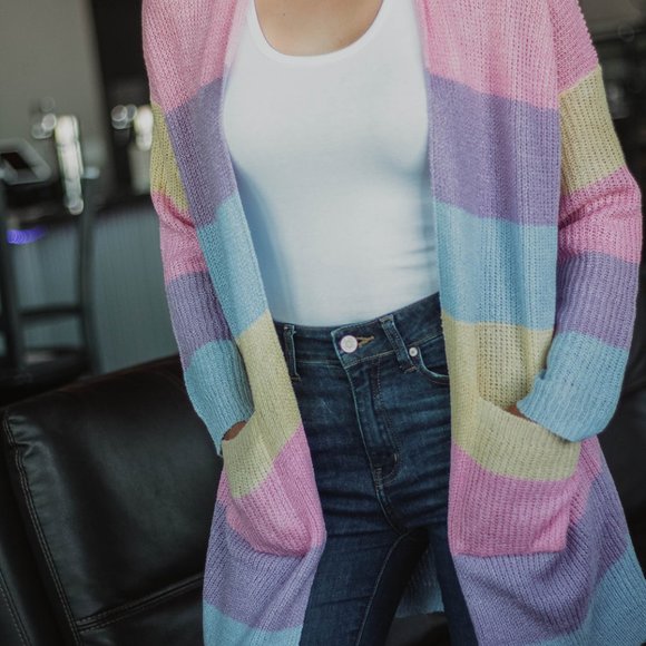 Pink Multi Color Striped Open Front Cardigan - Picture 4 of 4